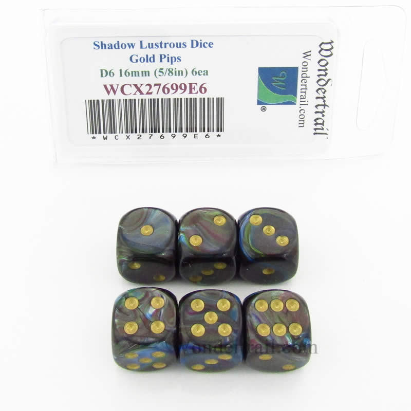 WCX27699E6 Shadow Lustrous Dice Gold Pips 16mm D6 Set of 6 (ONLINE ORDER ONLY)