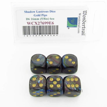 WCX27699E6 Shadow Lustrous Dice Gold Pips 16mm D6 Set of 6 (ONLINE ORDER ONLY)