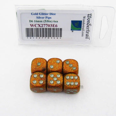 WCX27703E6 Gold Glitter Dice Silver Pips 16mm (5/8in) D6 Set of 6 (ONLINE ORDER ONLY)