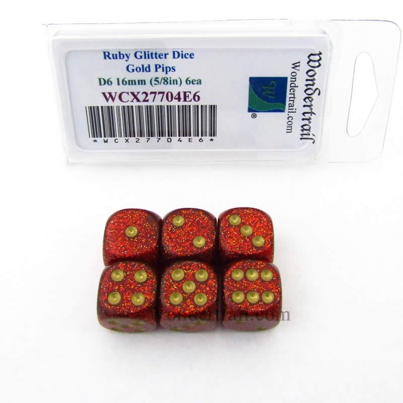 WCX27704E6 Ruby Glitter Dice with Gold Pips 16mm (5/8in) D6 Set of 6 (ONLINE ORDER ONLY)