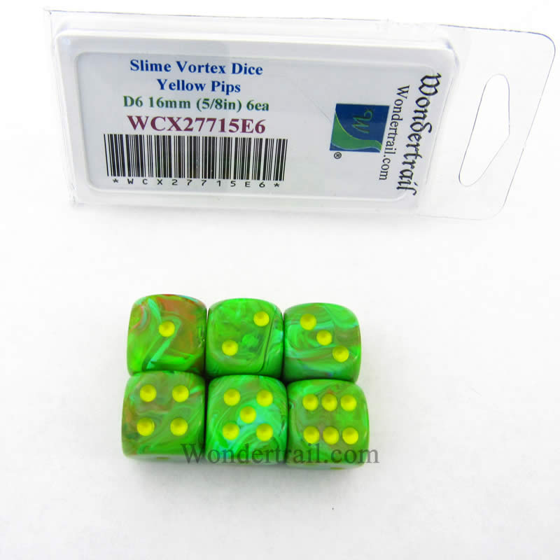WCX27715E6 Slime Vortex Dice Yellow Pips 16mm (5/8in) D6 Set of 6 (ONLINE ORDER ONLY)