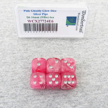 WCX27724E6 Pink Ghostly Glow Dice Silver Pips 16mm D6 Set of 6 (ONLINE ORDER ONLY)
