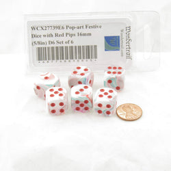 WCX27739E6 Pop-art Festive Dice with Red Pips 16mm (5/8in) D6 Set of 6 (ONLINE ORDER ONLY)