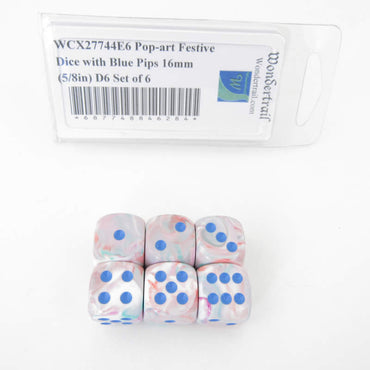 WCX27744E6 Pop-art Festive Dice with Blue Pips 16mm (5/8in) D6 Set of 6 (ONLINE ORDER ONLY)