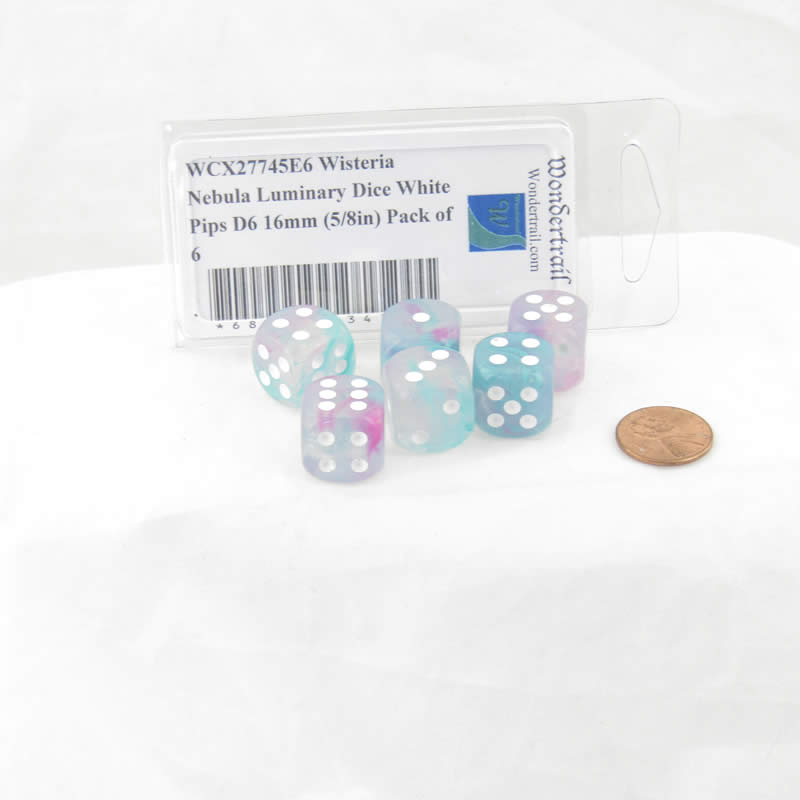 WCX27745E6 Wisteria Nebula Luminary Dice White Pips D6 16mm (5/8in) Pack of 6 (ONLINE ORDER ONLY)