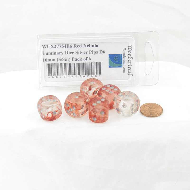WCX27754E6 Red Nebula Luminary Dice Silver Pips D6 16mm (5/8in) Pack of 6 (ONLINE ORDER ONLY)