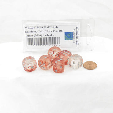 WCX27754E6 Red Nebula Luminary Dice Silver Pips D6 16mm (5/8in) Pack of 6 (ONLINE ORDER ONLY)