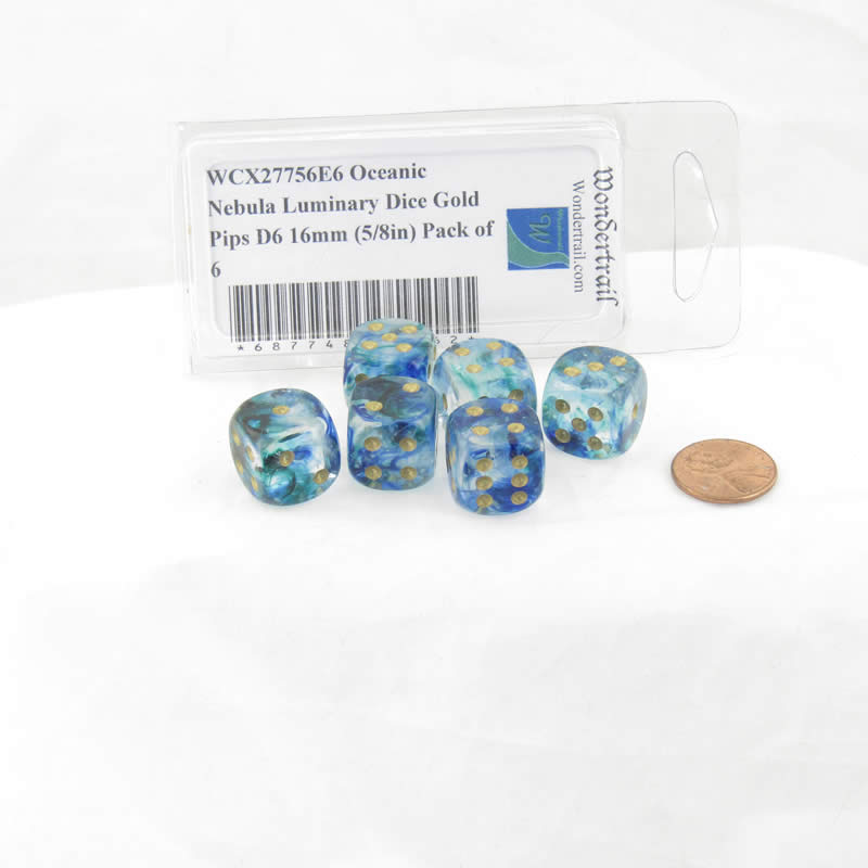 WCX27756E6 Oceanic Nebula Luminary Dice Gold Pips D6 16mm (5/8in) Pack of 6 (ONLINE ORDER ONLY)