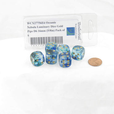 WCX27756E6 Oceanic Nebula Luminary Dice Gold Pips D6 16mm (5/8in) Pack of 6 (ONLINE ORDER ONLY)