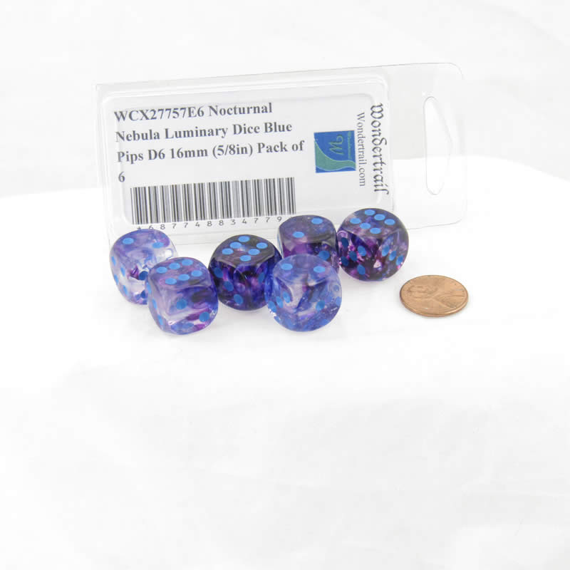 WCX27757E6 Nocturnal Nebula Luminary Dice Blue Pips D6 16mm (5/8in) Pack of 6 (ONLINE ORDER ONLY)