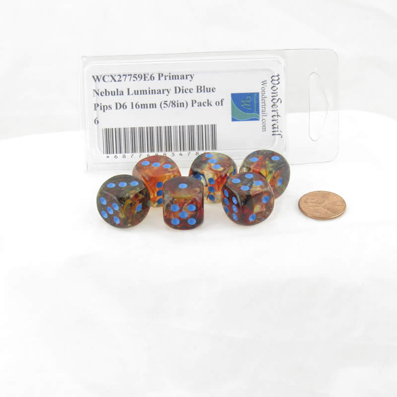 WCX27759E6 Primary Nebula Luminary Dice Blue Pips D6 16mm (5/8in) Pack of 6 (ONLINE ORDER ONLY)