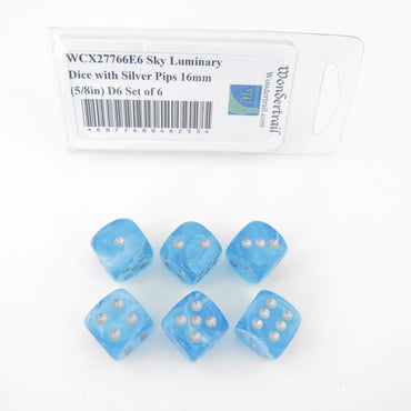 WCX27766E6 Sky Borealis Dice Luminary Silver Pips 16mm (5/8in) D6 Set of 6 (ONLINE ORDER ONLY)