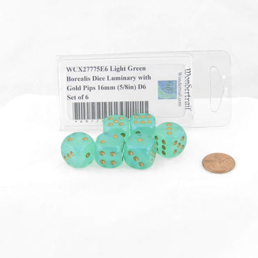 WCX27775E6 Light Green Borealis Dice Luminary with Gold Pips 16mm (5/8in) D6 Set of 6 (ONLINE ORDER ONLY)