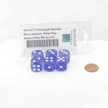 WCX27777E6 Purple Borealis Dice Luminary White Pips 16mm (5/8in) D6 Set of 6 (ONLINE ORDER ONLY)