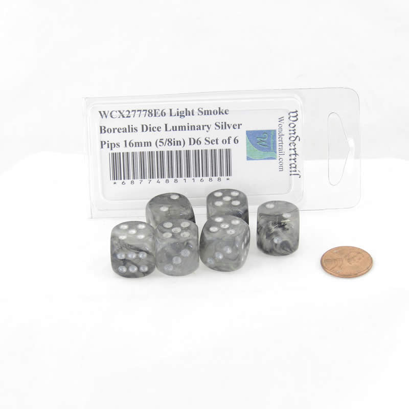 WCX27778E6 Light Smoke Borealis Dice Luminary Silver Pips 16mm (5/8in) D6 Set of 6 (ONLINE ORDER ONLY)