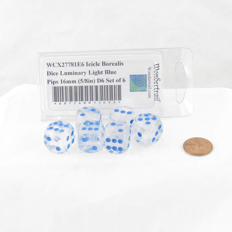 WCX27781E6 Icicle Borealis Dice Luminary Light Blue Pips 16mm (5/8in) D6 Set of 6 (ONLINE ORDER ONLY)