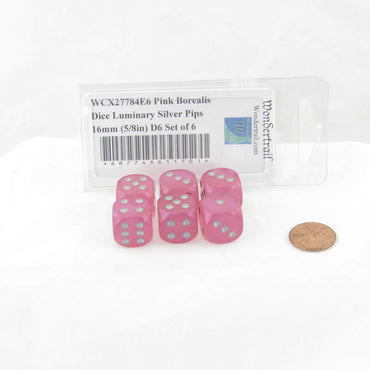 WCX27784E6 Pink Borealis Dice Luminary Silver Pips 16mm (5/8in) D6 Set of 6 (ONLINE ORDER ONLY)