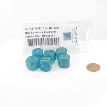WCX27785E6 Teal Borealis Dice Luminary Gold Pips 16mm (5/8in) D6 Set of 6 (ONLINE ORDER ONLY)