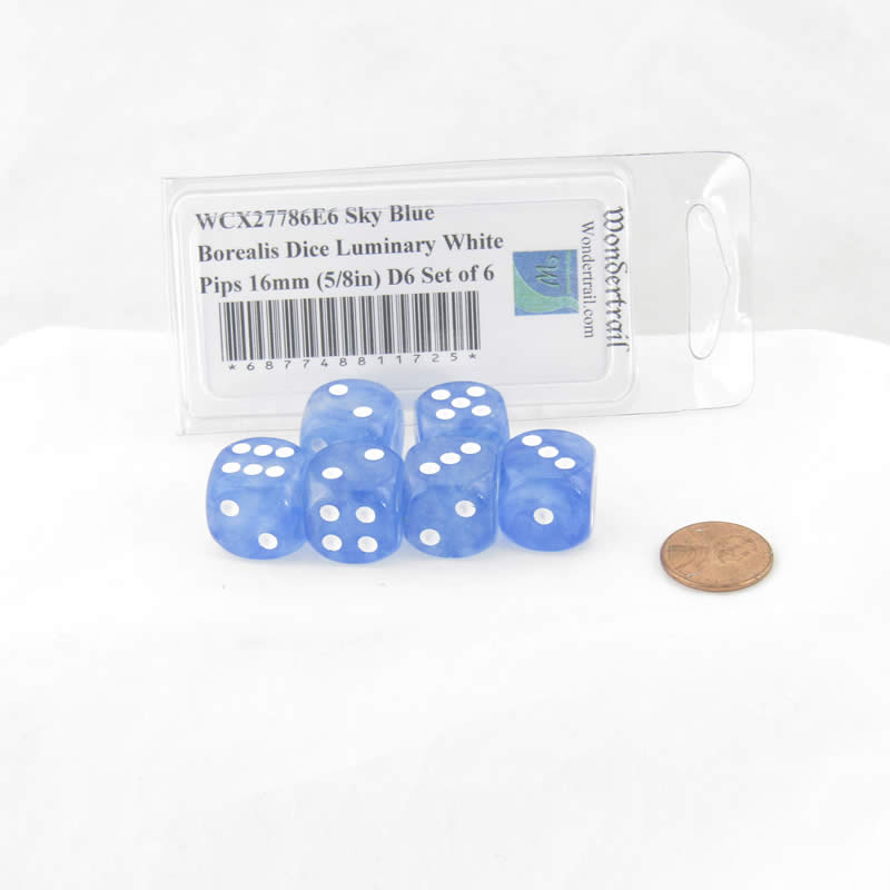 WCX27786E6 Sky Blue Borealis Dice Luminary White Pips 16mm (5/8in) D6 Set of 6 (ONLINE ORDER ONLY)