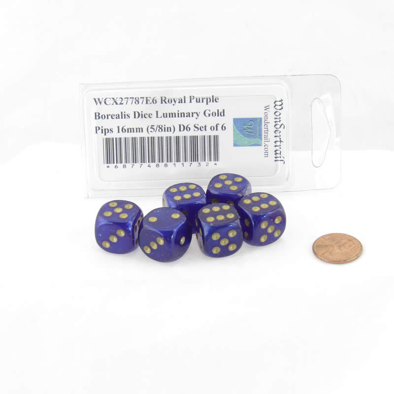 WCX27787E6 Royal Purple Borealis Dice Luminary Gold Pips 16mm (5/8in) D6 Set of 6 (ONLINE ORDER ONLY)