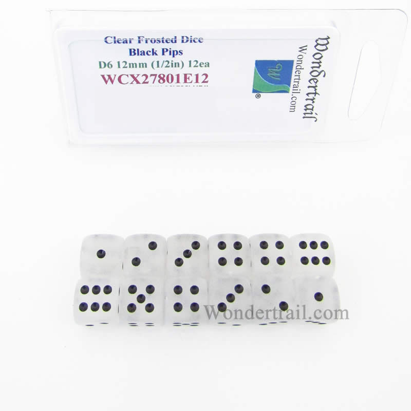 WCX27801E12 Clear Frosted Dice with Black Pips 12mm (1/2in) D6 Set of 12 (ONLINE ORDER ONLY)