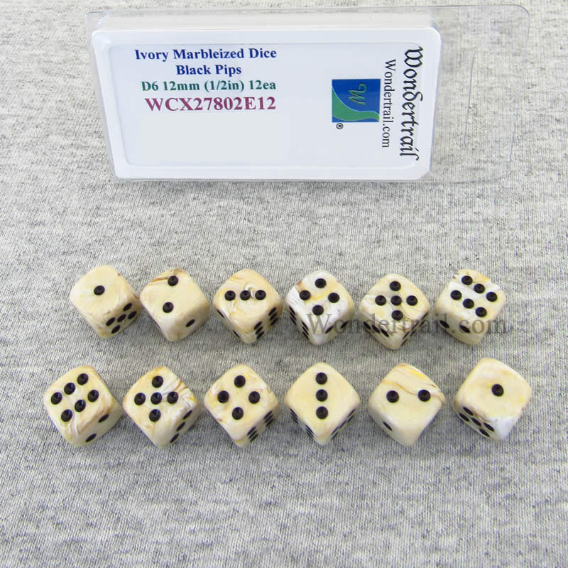 WCX27802E12 Ivory Marbleized Dice with Black Pips 12mm D6 Set of 12 (ONLINE ORDER ONLY)