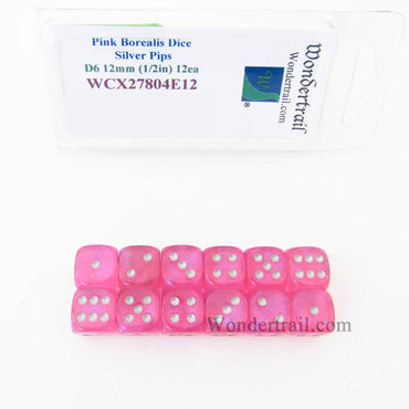 WCX27804E12 Pink Borealis Dice with Silver Pips 12mm (1/2in) D6 Set of 12 (ONLINE ORDER ONLY)
