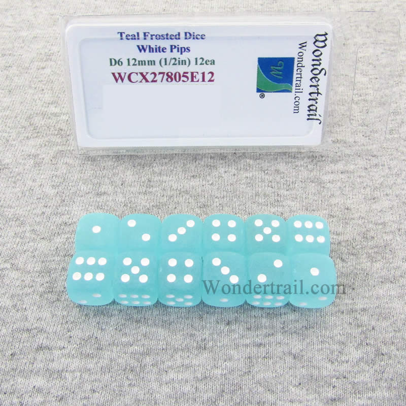 WCX27805E12 Teal Frosted Dice with White Pips 12mm (1/2in) D6 Set of 12 (ONLINE ORDER ONLY)