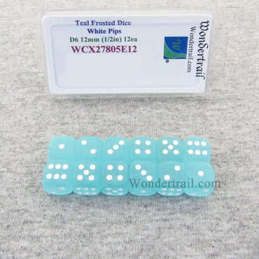 WCX27805E12 Teal Frosted Dice with White Pips 12mm (1/2in) D6 Set of 12 (ONLINE ORDER ONLY)