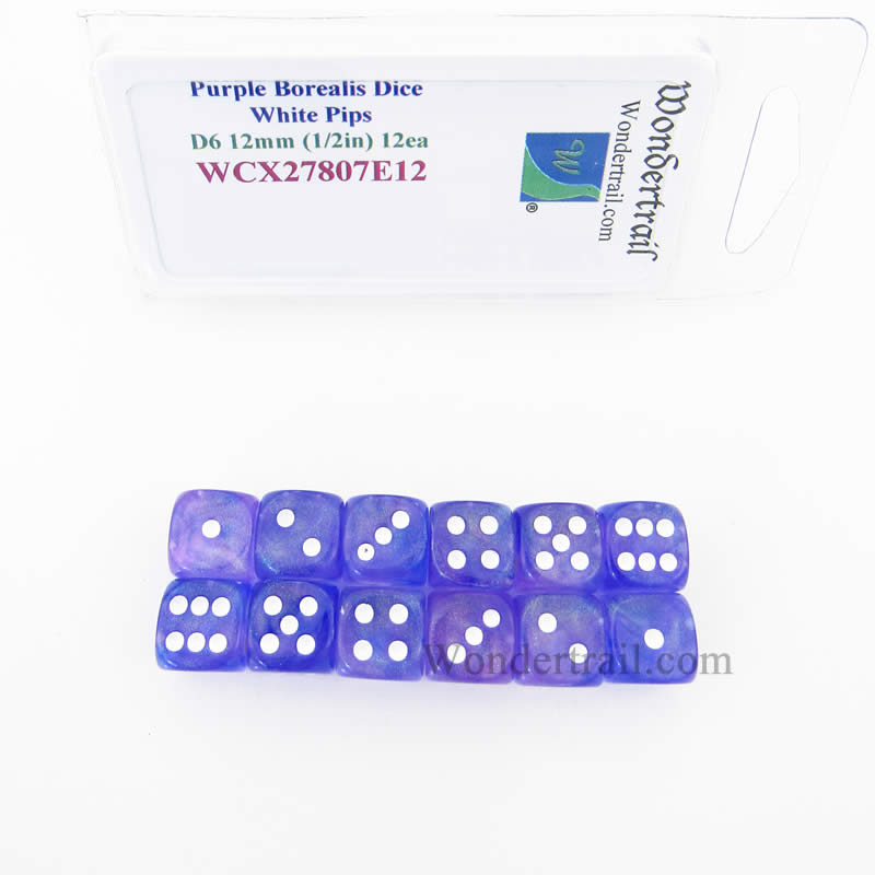 WCX27807E12 Purple Borealis Dice White Pips 12mm (1/2in) D6 Set of 12 (ONLINE ORDER ONLY)