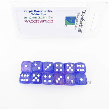 WCX27807E12 Purple Borealis Dice White Pips 12mm (1/2in) D6 Set of 12 (ONLINE ORDER ONLY)