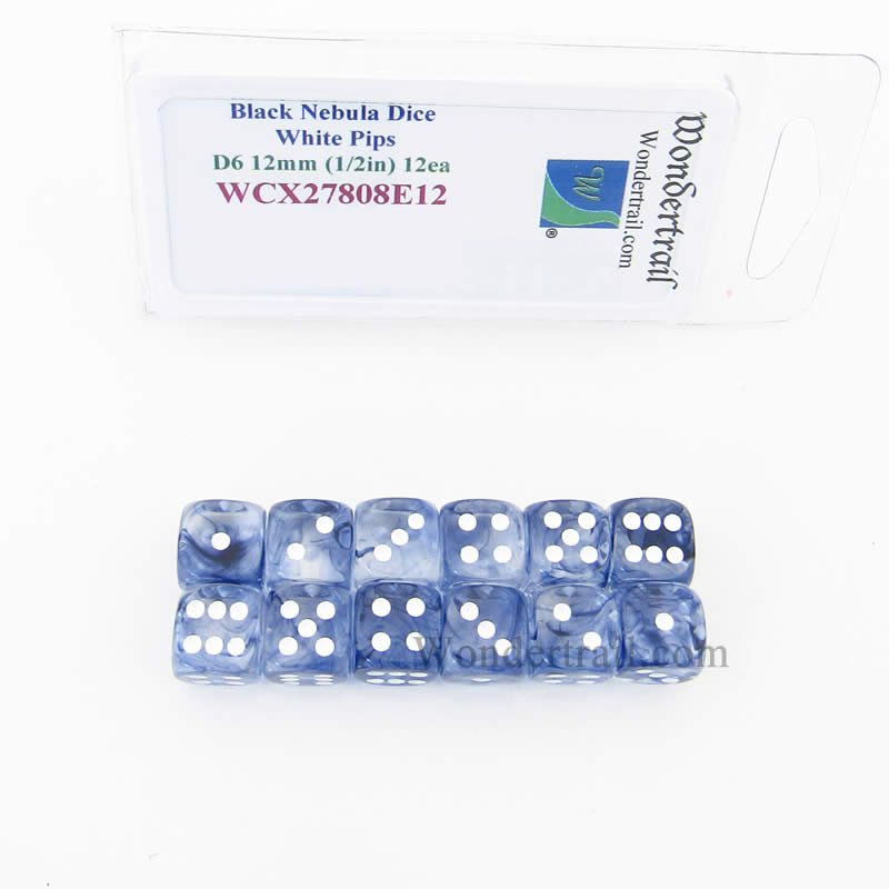 WCX27808E12 Black Nebula Dice with White Pips 12mm (1/2in) D6 Set of 12 (ONLINE ORDER ONLY)