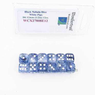 WCX27808E12 Black Nebula Dice with White Pips 12mm (1/2in) D6 Set of 12 (ONLINE ORDER ONLY)