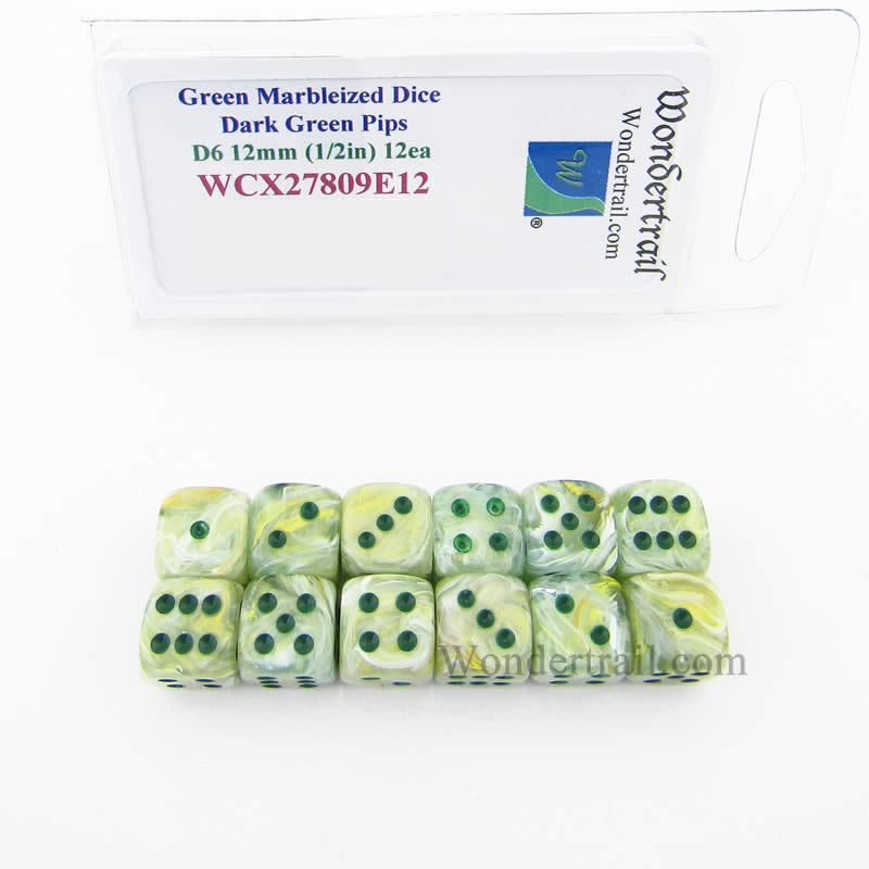WCX27809E12 Green Marbleized Dice Dark Green Pips 12mm D6 Set of 12 (ONLINE ORDER ONLY)