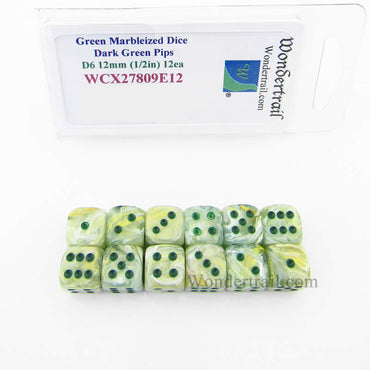 WCX27809E12 Green Marbleized Dice Dark Green Pips 12mm D6 Set of 12 (ONLINE ORDER ONLY)
