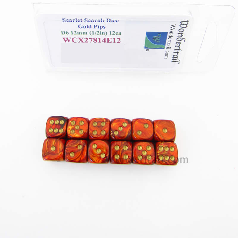 WCX27814E12 Scarlet Scarab Dice Gold Pips 12mm (1/2in) D6 Set of 12 (ONLINE ORDER ONLY)