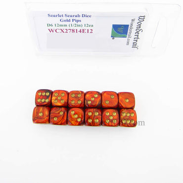 WCX27814E12 Scarlet Scarab Dice Gold Pips 12mm (1/2in) D6 Set of 12 (ONLINE ORDER ONLY)