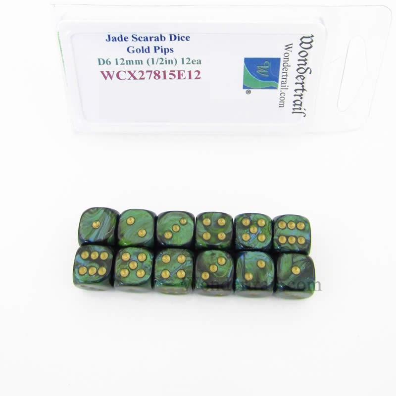WCX27815E12 Jade Scarab Dice with Gold Pips 12mm (1/2in) D6 Set of 12 (ONLINE ORDER ONLY)