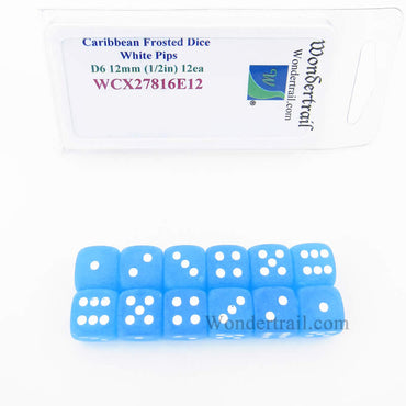 WCX27816E12 Caribbean Frosted Dice White Pips 12mm (1/2in) D6 Set of 12 (ONLINE ORDER ONLY)