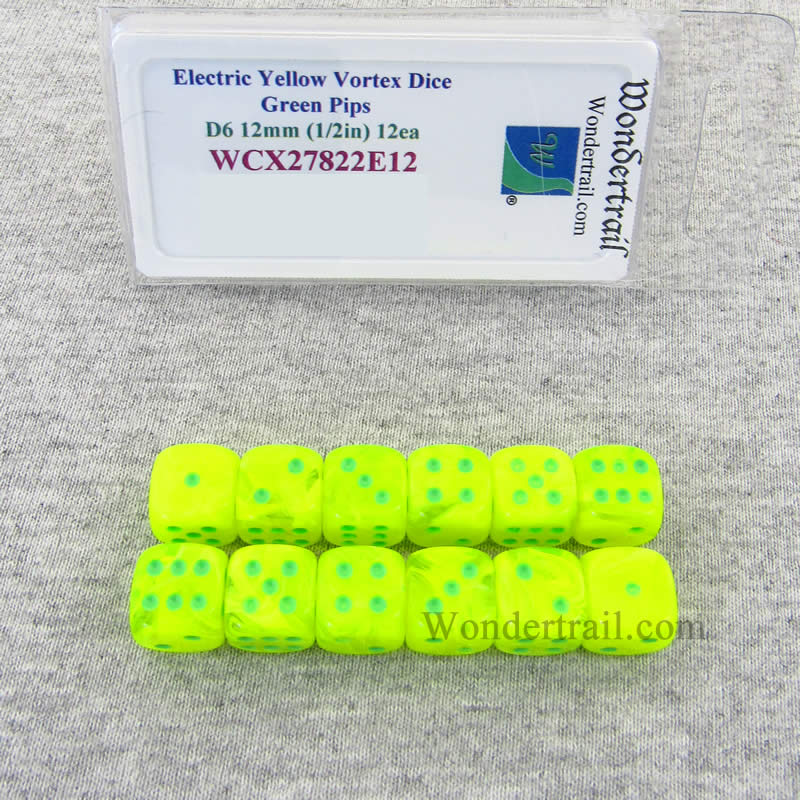 WCX27822E12 Electric Yellow Vortex Dice Green Pips 12mm D6 Pack of 12 (ONLINE ORDER ONLY)