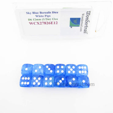 WCX27826E12 Sky Blue Borealis Dice White Pips 12mm (1/2in) D6 Pack of 12 (ONLINE ORDER ONLY)