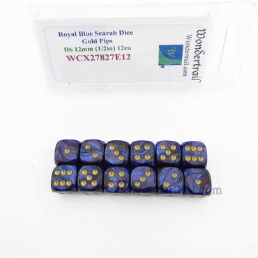 WCX27827E12 Royal Blue Scarab Dice Gold Pips 12mm D6 Pack of 12 (ONLINE ORDER ONLY)