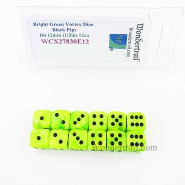 WCX27830E12 Bright Green Vortex Dice Black Pips 12mm D6 Pack of 12 (ONLINE ORDER ONLY)