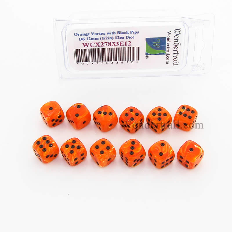 WCX27833E12 Orange Vortex Dice Black Pips 12mm (1/2in) D6 Pack of 12 (ONLINE ORDER ONLY)