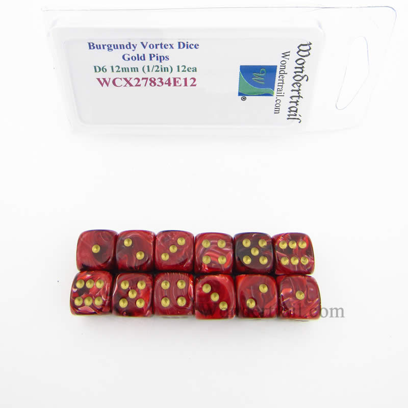 WCX27834E12 Burgundy Vortex Dice Gold Pips 12mm (1/2in) D6 Pack of 12 (ONLINE ORDER ONLY)