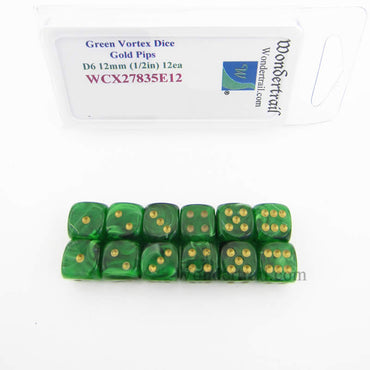 WCX27835E12 Green Vortex Dice Gold Pips 12mm (1/2in) D6 Pack of 12 (ONLINE ORDER ONLY)