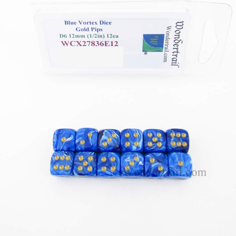 WCX27836E12 Blue Vortex Dice with Gold Pips 12mm (1/2in) D6 Pack of 12 (ONLINE ORDER ONLY)