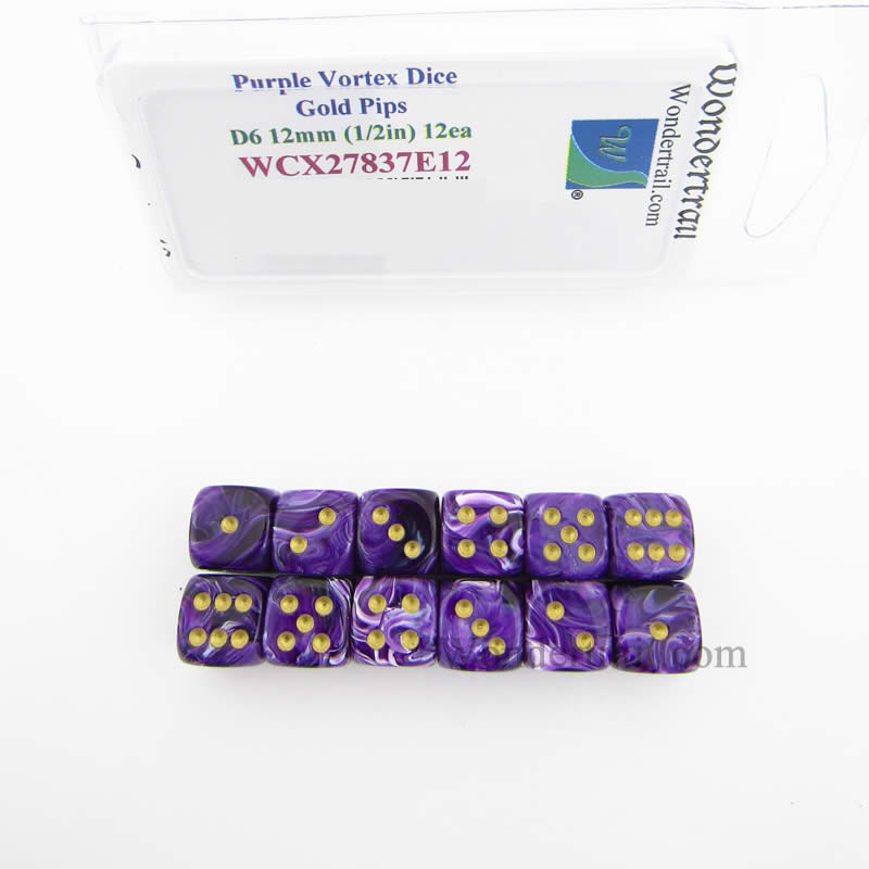 WCX27837E12 Purple Vortex Dice with Gold Pips 12mm (1/2in) D6 Pack of 12 (ONLINE ORDER ONLY)