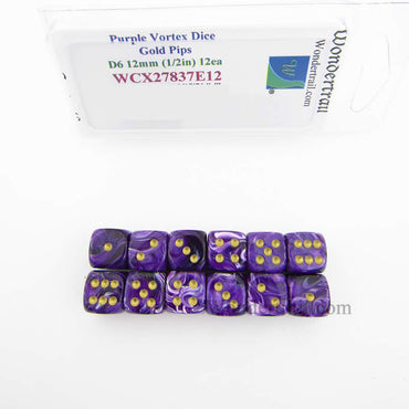 WCX27837E12 Purple Vortex Dice with Gold Pips 12mm (1/2in) D6 Pack of 12 (ONLINE ORDER ONLY)