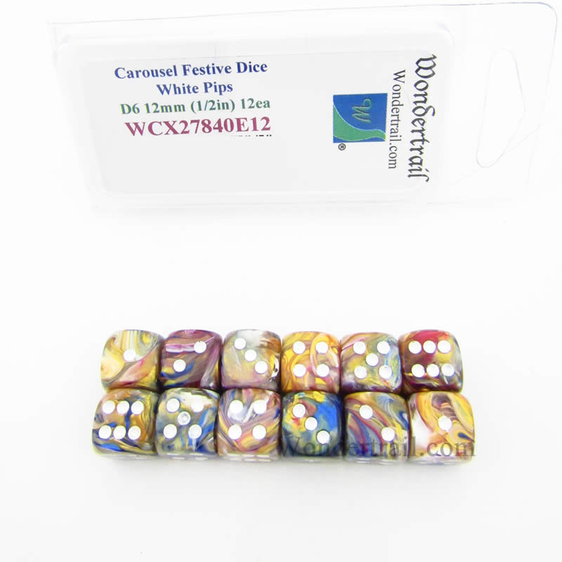 WCX27840E12 Carousel Festive Dice White Pips 12mm (1/2in) D6 Pack of 12 (ONLINE ORDER ONLY)